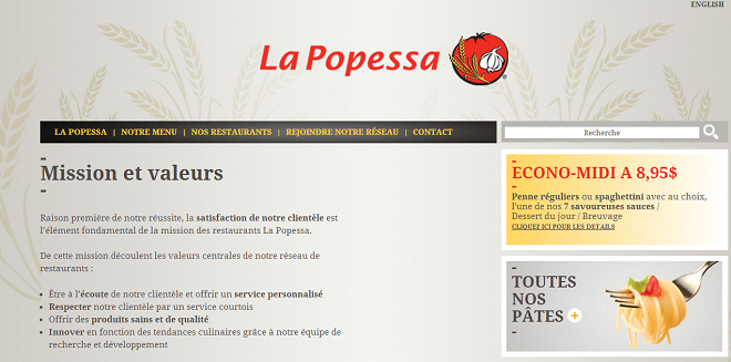 Valeurs du restaurant Popessa Canada