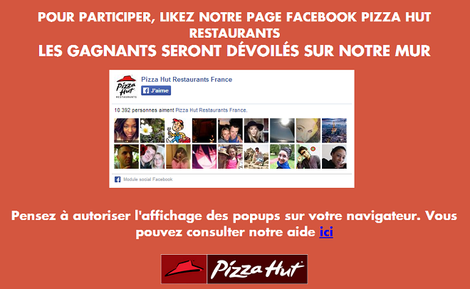 Jeu concours Facebook Pizza Hut