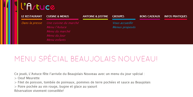 Menu beaujolais nouveau au restaurant